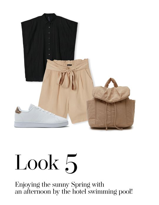 Look with shirt, shorts, nylon backpack and Adidas sneakers